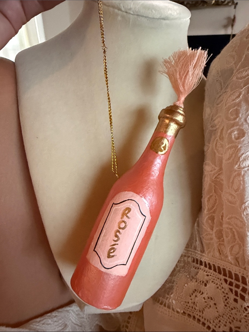 Pink Champagne rosé Bottle Ornament with Tassel